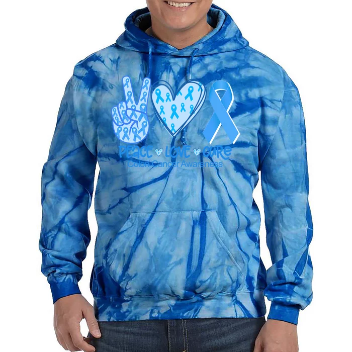 Peace Love Cure Dark Blue Ribbon Colon Cancer Awareness Gift Great Gift Tie Dye Hoodie