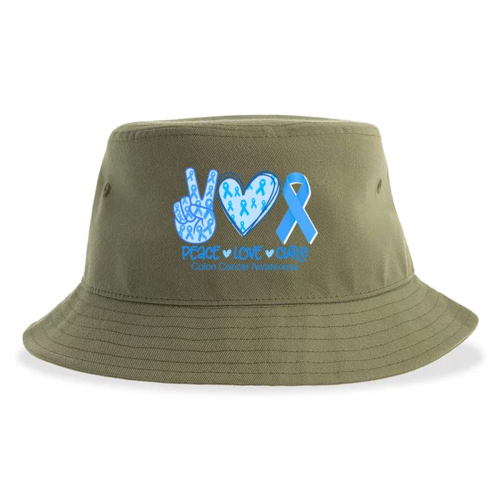 Peace Love Cure Dark Blue Ribbon Colon Cancer Awareness Gift Great Gift Sustainable Bucket Hat