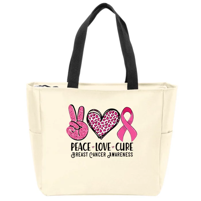 Peace Love Cure Breast Cancer Awareness Warrior Pink Ribbon Zip Tote Bag