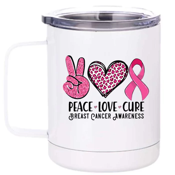 Peace Love Cure Breast Cancer Awareness Warrior Pink Ribbon Front & Back 12oz Stainless Steel Tumbler Cup