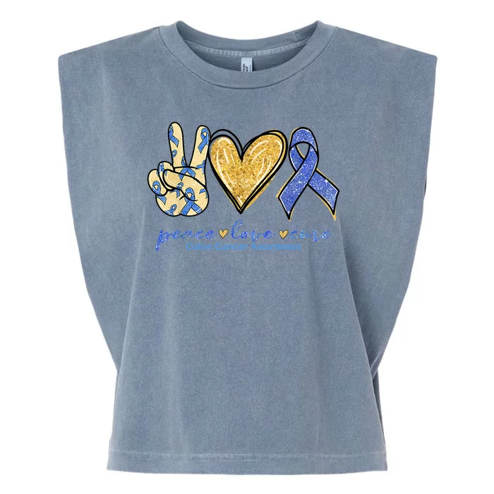 Peace Love Cures Ribbon Colon Cancer Awareness Supporter Garment-Dyed Women's Muscle Tee