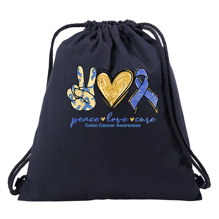 Peace Love Cures Ribbon Colon Cancer Awareness Supporter Drawstring Bag