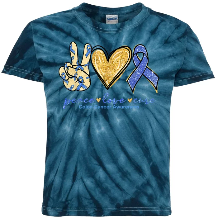 Peace Love Cures Ribbon Colon Cancer Awareness Supporter Kids Tie-Dye T-Shirt