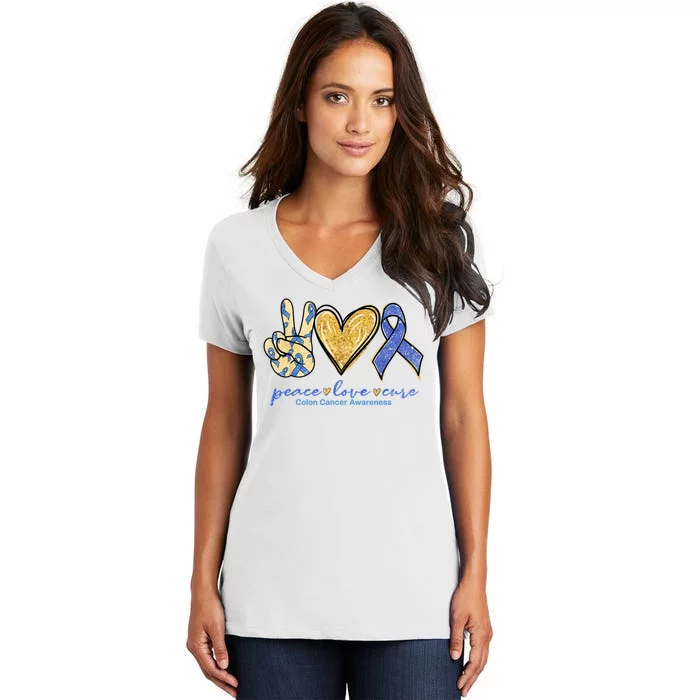 Peace Love Cures Ribbon Colon Cancer Awareness Supporter Women's V-Neck T-Shirt