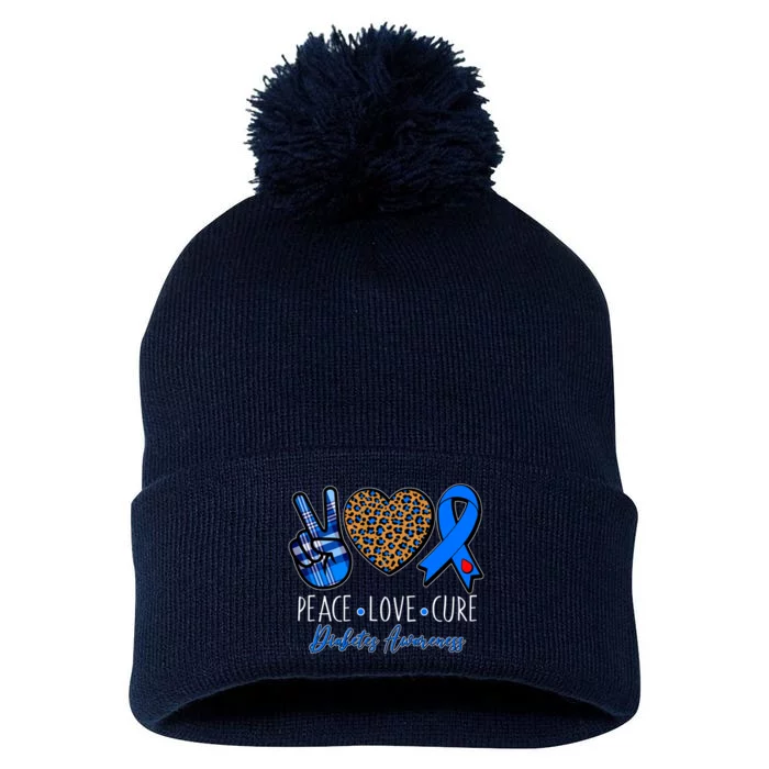 Peace Love Cure Diabetes Awareness Pom Pom 12in Knit Beanie