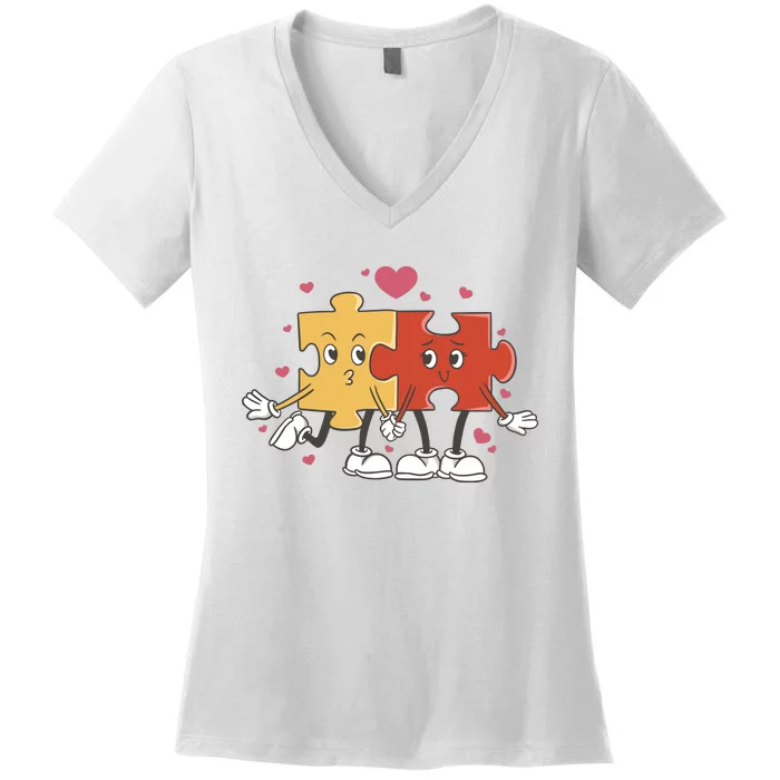 Puzzle Love Cartoon Women's V-Neck T-Shirt