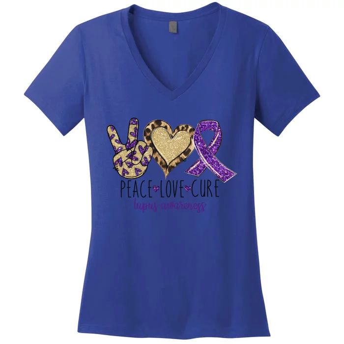 Peace Love Cure Lupus Awareness Purple Ribbon Leopard Gift Women's V-Neck T-Shirt