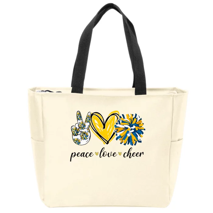 Peace Love Cheerleading Blue Yellow Zip Tote Bag