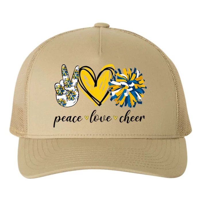 Peace Love Cheerleading Blue Yellow Yupoong Adult 5-Panel Trucker Hat