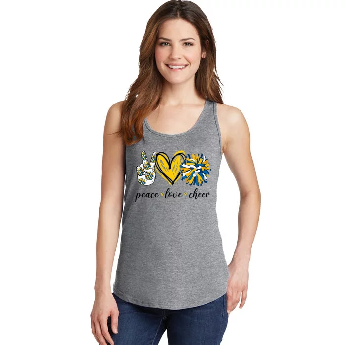 Peace Love Cheerleading Blue Yellow Ladies Essential Tank