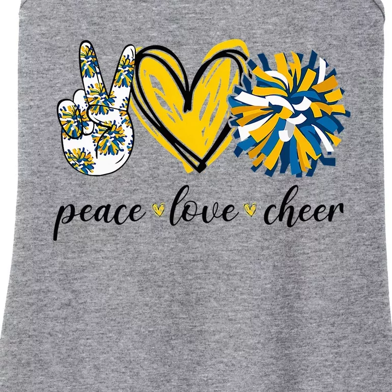 Peace Love Cheerleading Blue Yellow Ladies Essential Tank