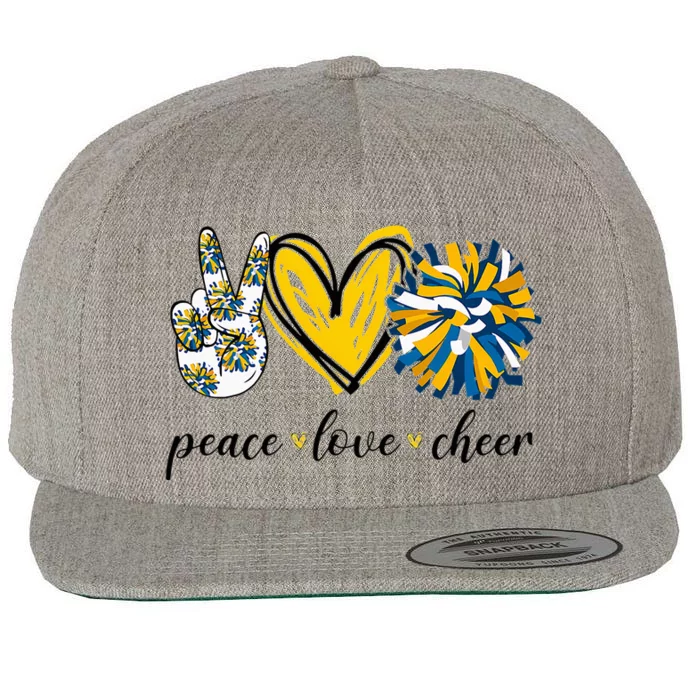 Peace Love Cheerleading Blue Yellow Wool Snapback Cap