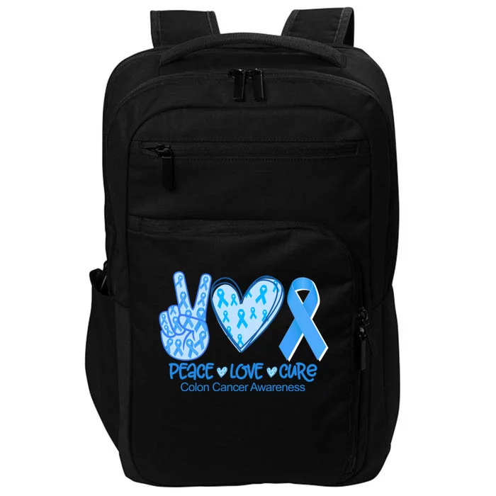 Peace Love Cure Dark Blue Ribbon Colon Cancer Awareness Gift Funny Gift Impact Tech Backpack