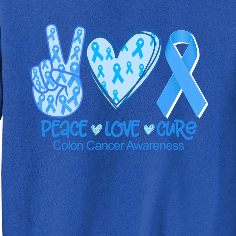 Peace Love Cure Dark Blue Ribbon Colon Cancer Awareness Gift Funny Gift Sweatshirt