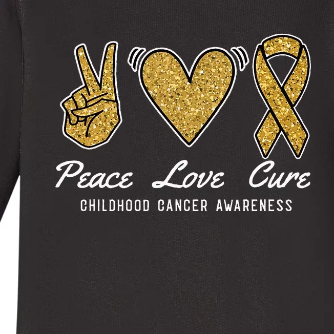 Peace Love Cure Childhood Cancer Awareness Ribbon Warrior Baby Long Sleeve Bodysuit