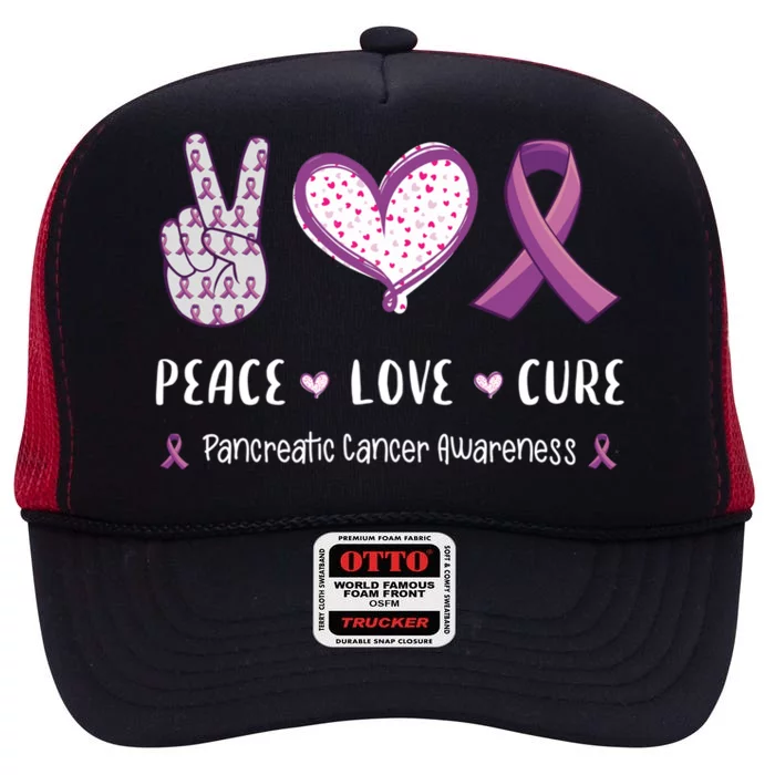 Peace Love Cure Pancreatic Cancer Awareness Gift High Crown Mesh Trucker Hat