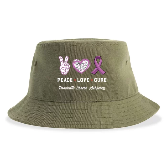 Peace Love Cure Pancreatic Cancer Awareness Gift Sustainable Bucket Hat