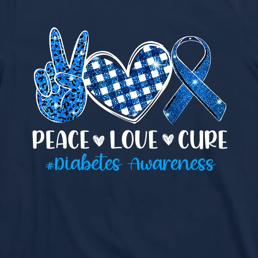 Peace Love Cure Grey Blue Ribbon Diabetes Awareness T-Shirt