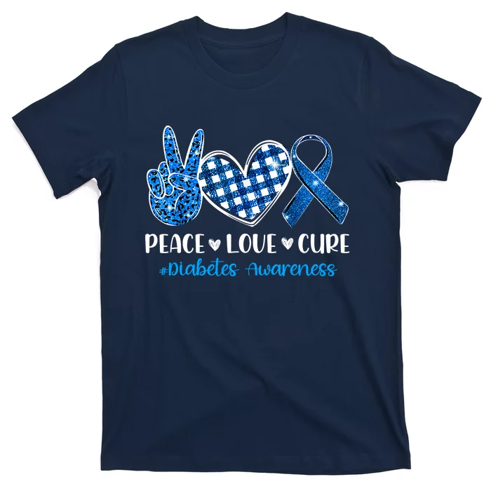 Peace Love Cure Grey Blue Ribbon Diabetes Awareness T-Shirt