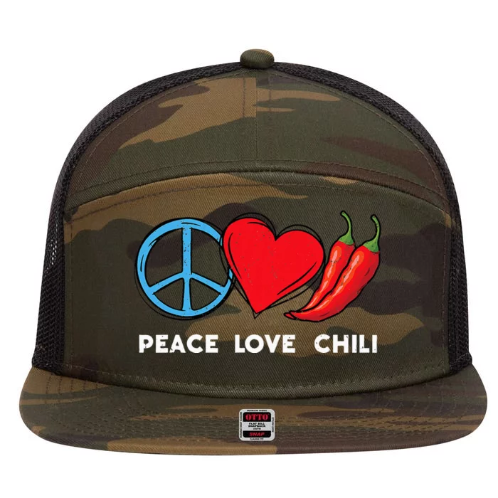 Peace Love Chili Peppers Red Hot Spicy Pepper Eat Mexican 7 Panel Mesh Trucker Snapback Hat