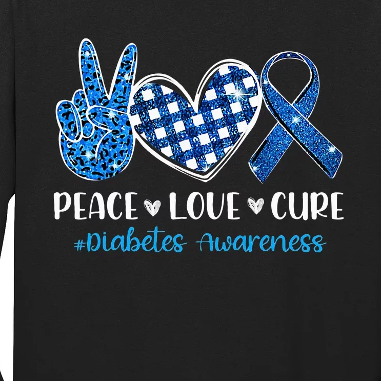 Peace Love Cure Grey Blue Ribbon Diabetes Awareness Long Sleeve Shirt