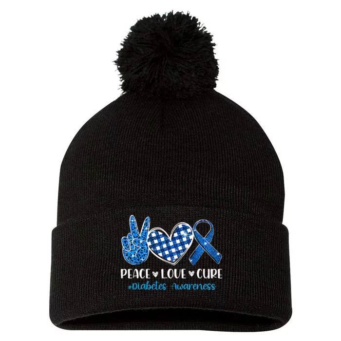 Peace Love Cure Grey Blue Ribbon Diabetes Awareness Pom Pom 12in Knit Beanie