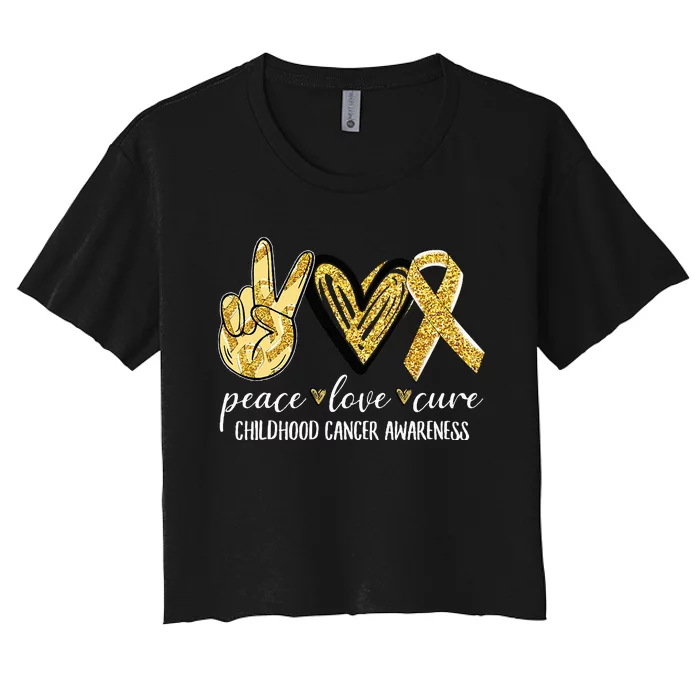 Peace Love Cure Childhood Cancer Awareness Gold Ribbon Women's Crop Top Tee