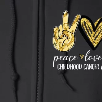 Peace Love Cure Childhood Cancer Awareness Gold Ribbon Full Zip Hoodie