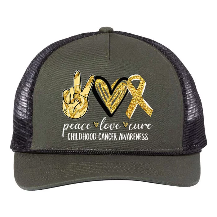 Peace Love Cure Childhood Cancer Awareness Gold Ribbon Retro Rope Trucker Hat Cap