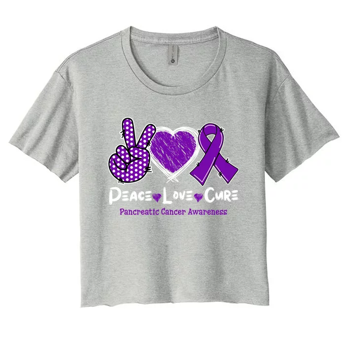 Peace Love Cure Pancreatic Cancer Awareness Purple Ribbon Cute Gift Women's Crop Top Tee