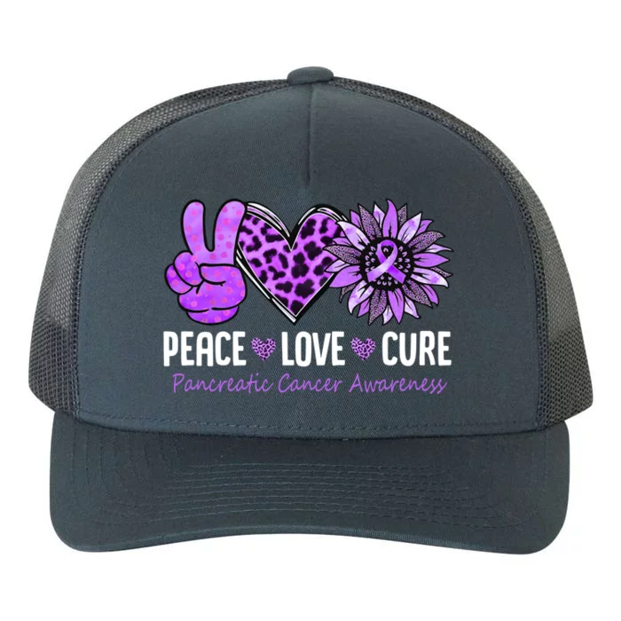 Peace Love Cure Pancreatic Cancer Awareness Purple Sunflower Cute Gift Yupoong Adult 5-Panel Trucker Hat