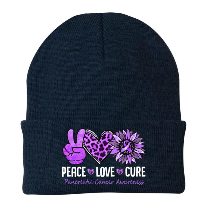 Peace Love Cure Pancreatic Cancer Awareness Purple Sunflower Cute Gift Knit Cap Winter Beanie