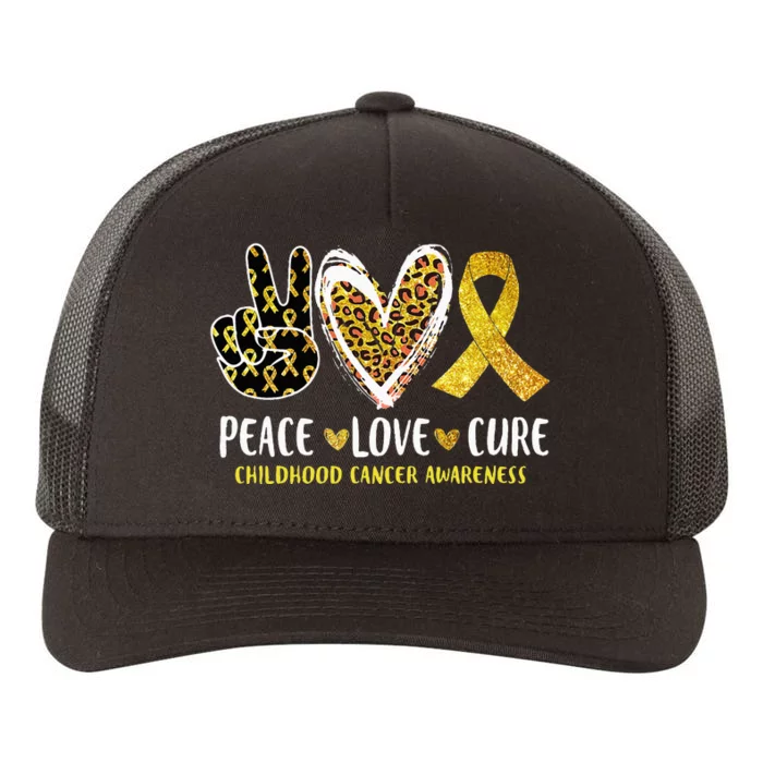 Peace Love Cure Childhood Cancer Awareness Leopart Heart Yupoong Adult 5-Panel Trucker Hat