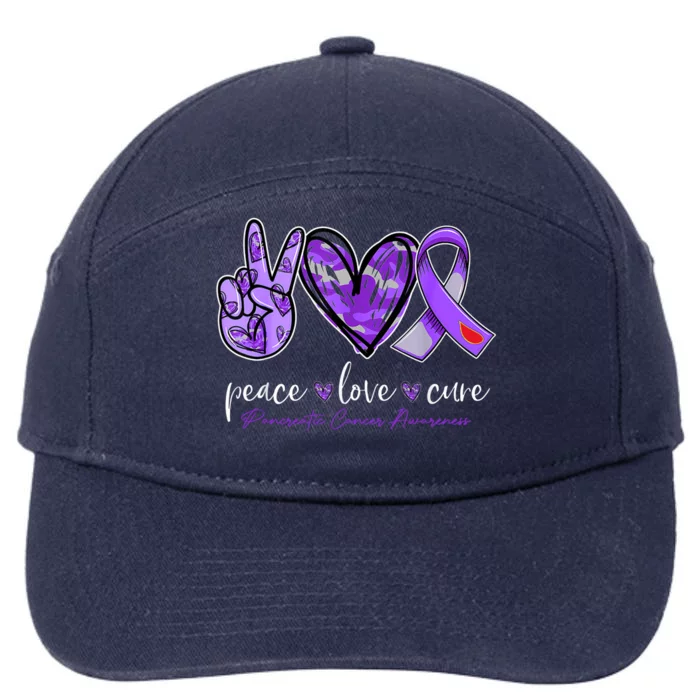 Peace Love Cure Pancreatic Cancer Awareness Sign Hand Cool Gift 7-Panel Snapback Hat