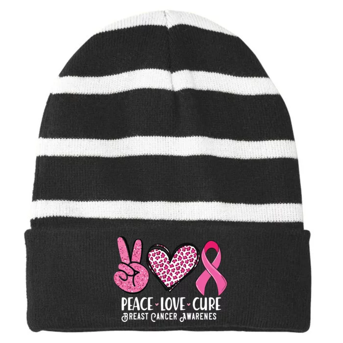 Peace Love Cure Breast Cancer Awareness Warrior Pink Ribbon Striped Beanie with Solid Band