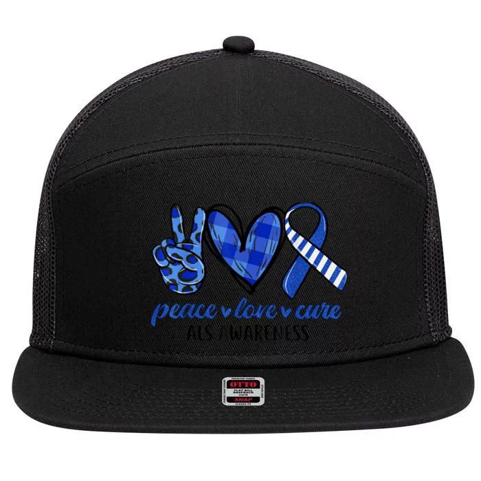 Peace Love Cure Blue & White Ribbon ALS Awareness Month 7 Panel Mesh Trucker Snapback Hat