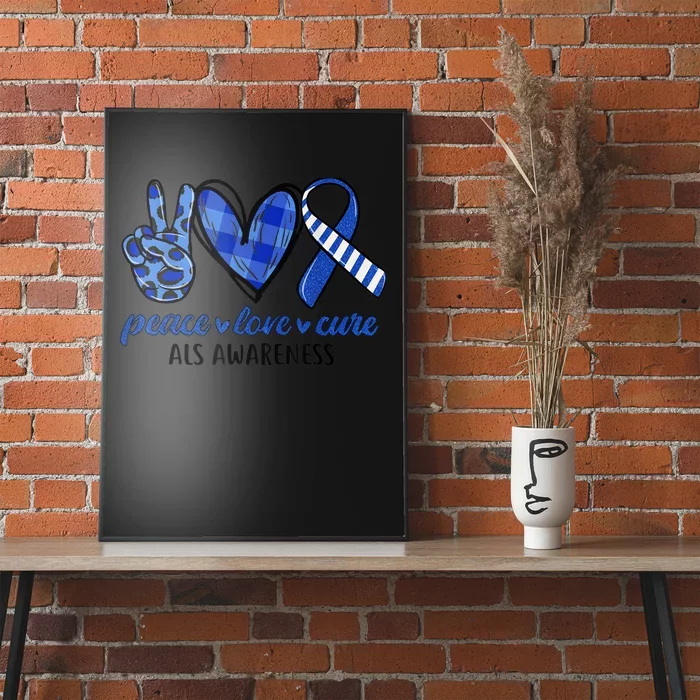 Peace Love Cure Blue & White Ribbon ALS Awareness Month Poster