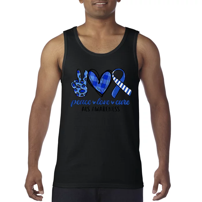 Peace Love Cure Blue & White Ribbon ALS Awareness Month Tank Top