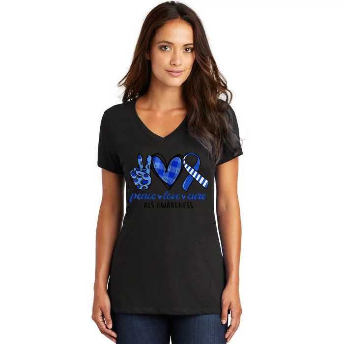 Peace Love Cure Blue & White Ribbon ALS Awareness Month Women's V-Neck T-Shirt