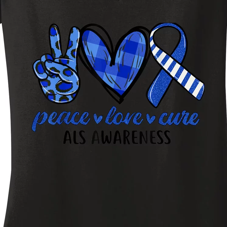 Peace Love Cure Blue & White Ribbon ALS Awareness Month Women's V-Neck T-Shirt