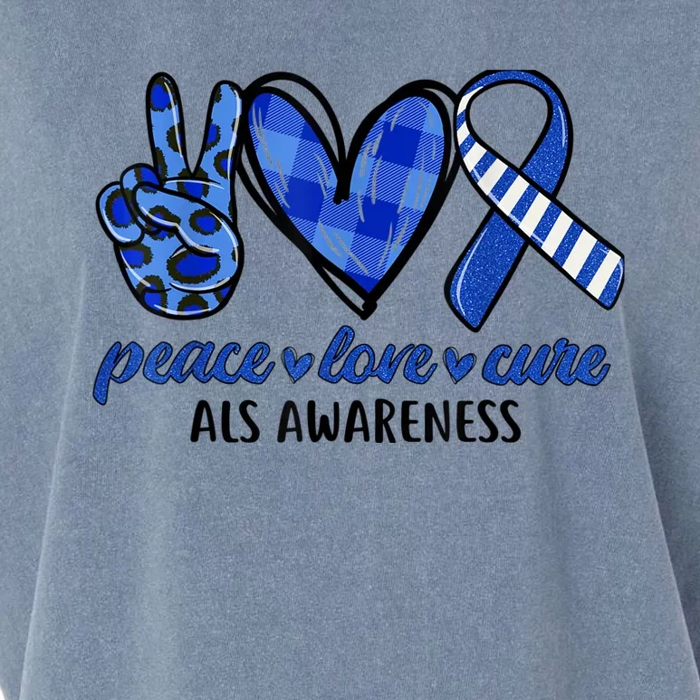 Peace Love Cure Blue & White Ribbon ALS Awareness Month Garment-Dyed Women's Muscle Tee