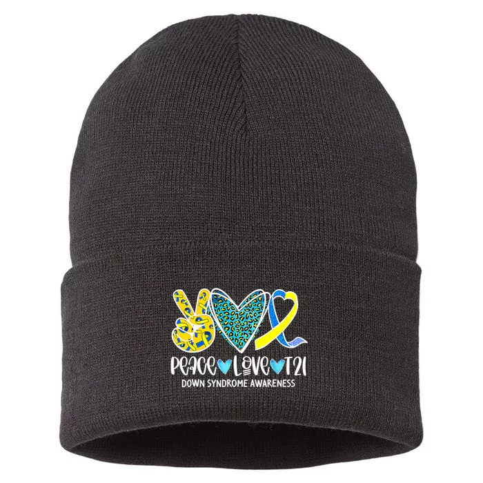 Peace Love Cure Blue & Yellow Ribbon Down Syndrome Awareness Sustainable Knit Beanie