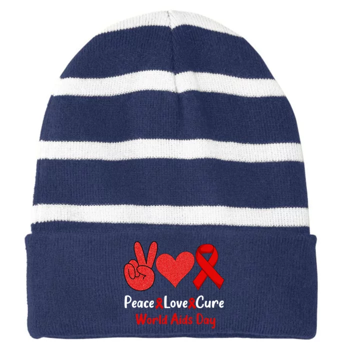 Peace Love Cure World Aids Day HIV AIDS Awareness Striped Beanie with Solid Band