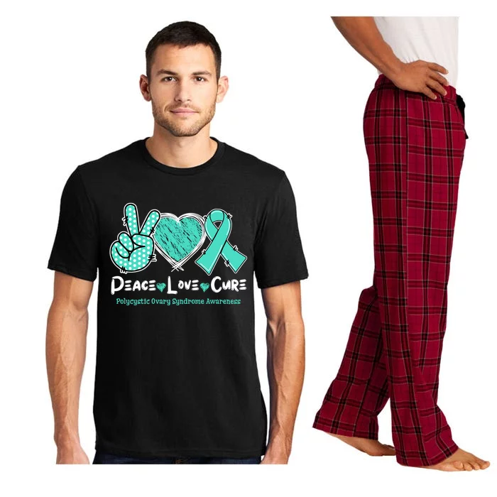 Peace Love Cure Pcos Awareness Teal Ribbon Gift Pajama Set