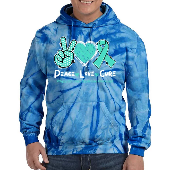 Peace Love Cure Pcos Awareness Teal Ribbon Gift Tie Dye Hoodie