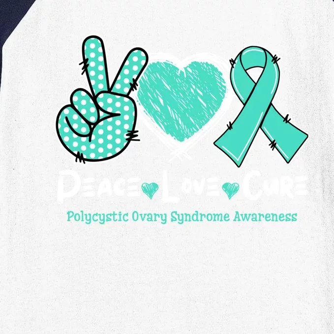 Peace Love Cure Pcos Awareness Teal Ribbon Gift Baseball Sleeve Shirt