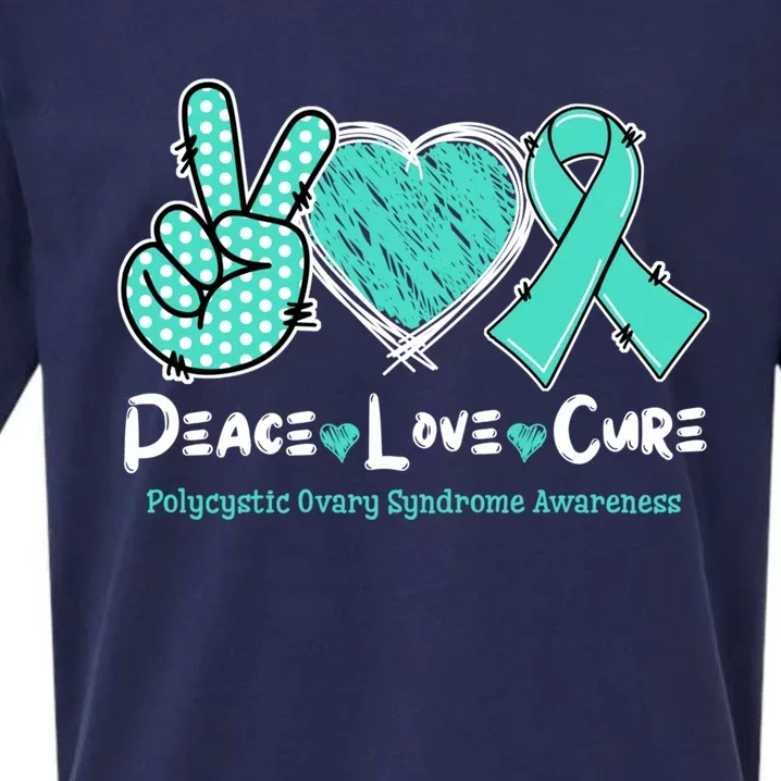 Peace Love Cure Pcos Awareness Teal Ribbon Gift Sueded Cloud Jersey T-Shirt