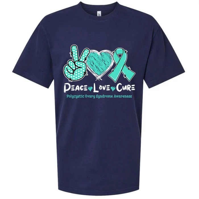 Peace Love Cure Pcos Awareness Teal Ribbon Gift Sueded Cloud Jersey T-Shirt