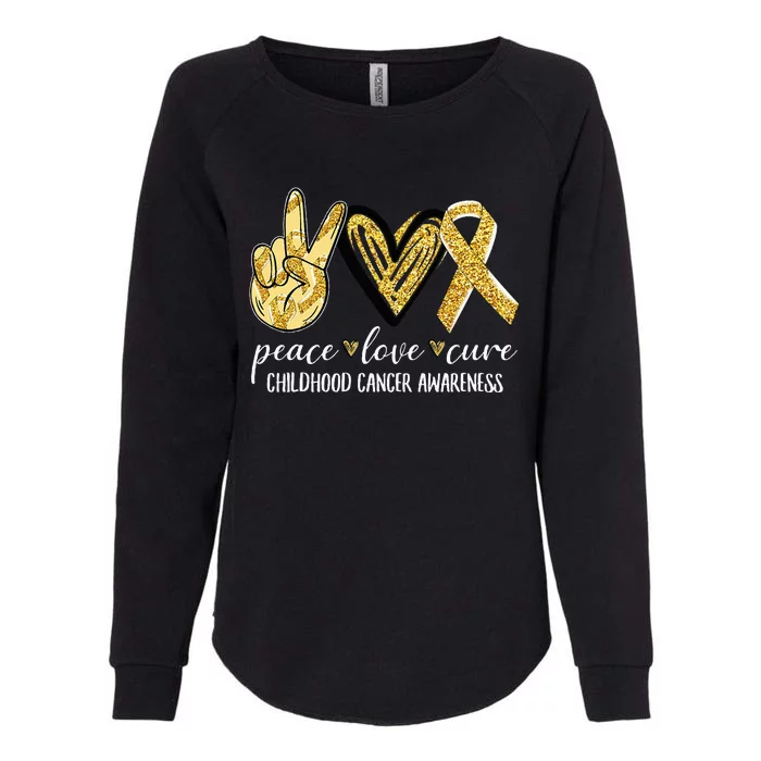 Peace Love Cure Childhood Cancer Awareness Gold Ribbon Womens California Wash Sweatshirt