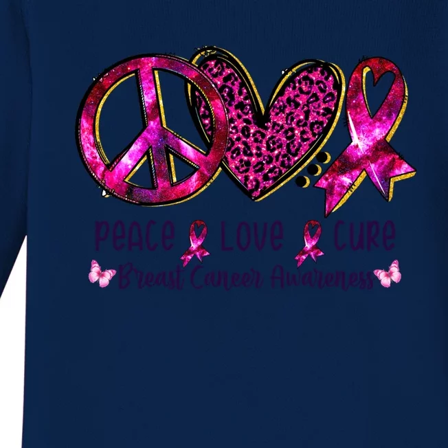 Peace Love Cure Pink Ribbon Leopard Breast Cancer Funny Gift Baby Long Sleeve Bodysuit